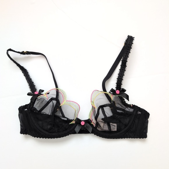 Agent Provocateur Other - Agent Provocateur Black Mesh Balconette Bra Neon Trim Bows Size 32A Coquette‎